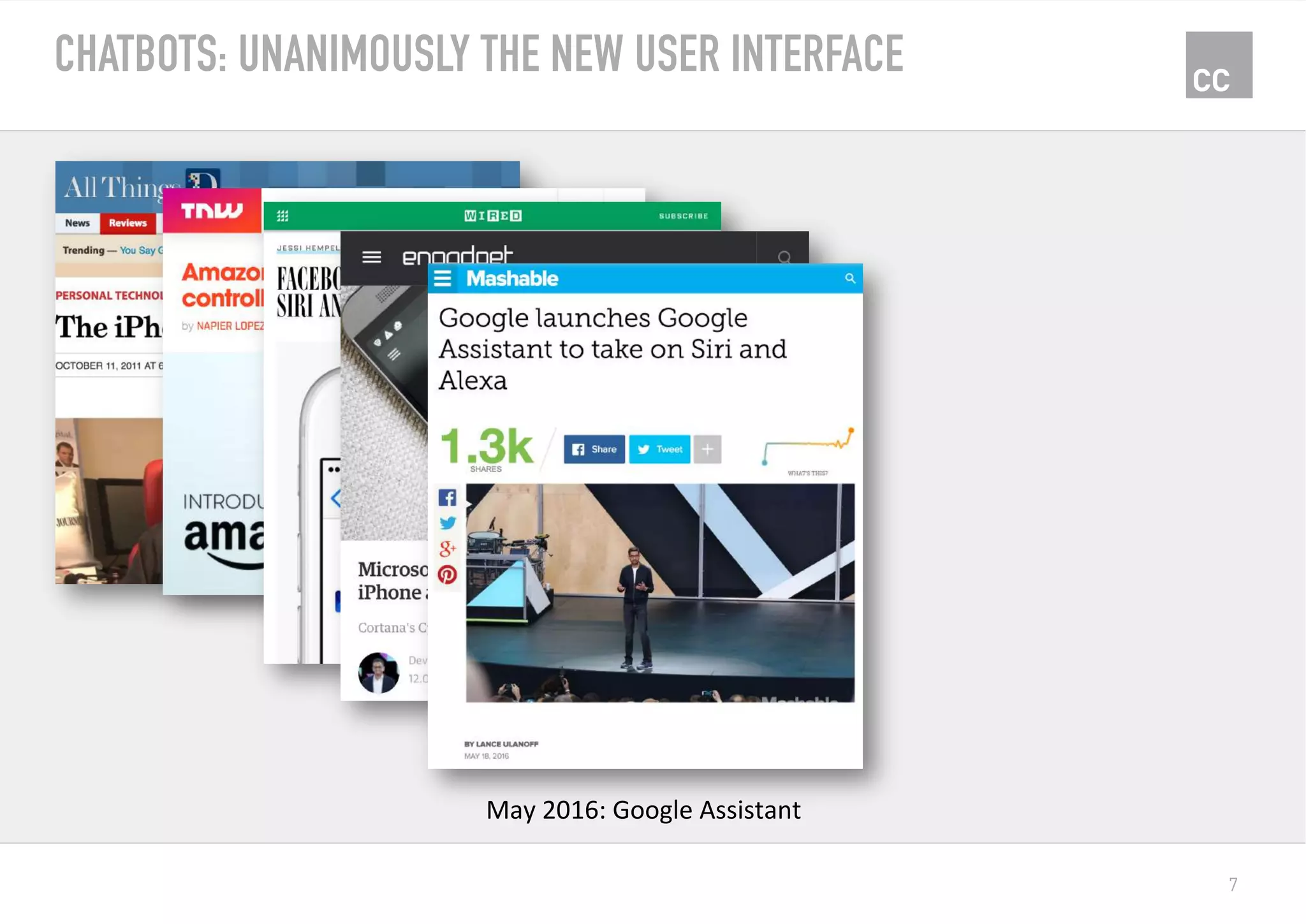 7
CHATBOTS: UNANIMOUSLY THE NEW USER INTERFACE
May	2016:	Google	Assistant	
 