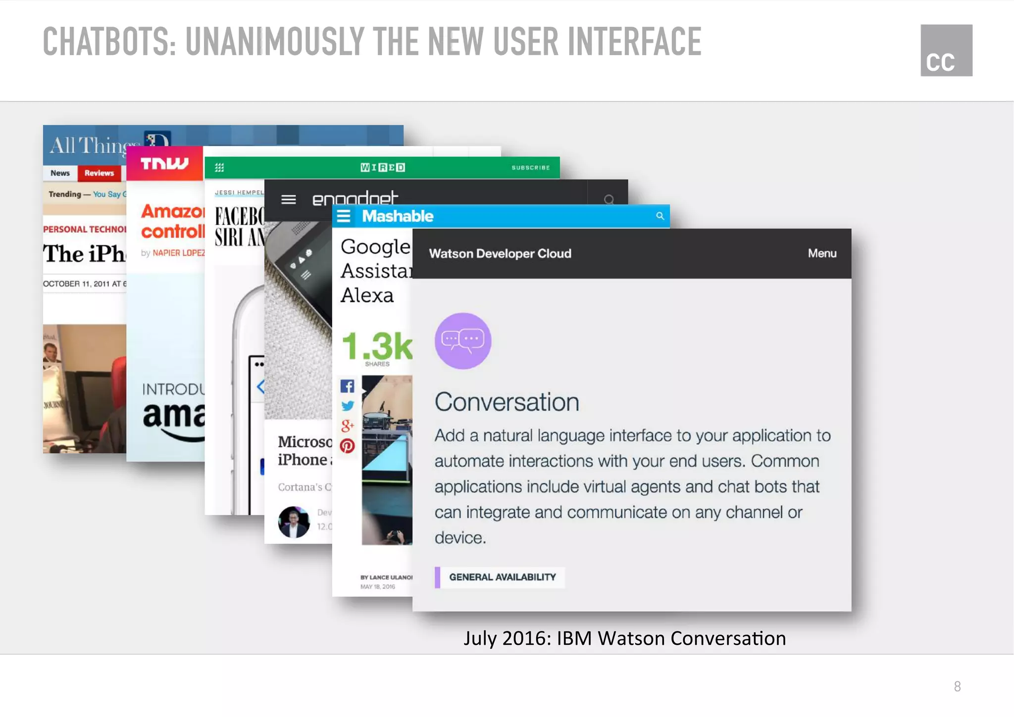 8
CHATBOTS: UNANIMOUSLY THE NEW USER INTERFACE
July	2016:	IBM	Watson	ConversaKon	
 