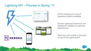 Lightning API – Preview in Spring ‘17
API for building UI on top of
Salesforce data & metadata
Powers Lightning Experience and
Salesforce1 Mobile via Lightning
Data Service
Build your own mobile or web app
on top of the Lightning API
 