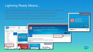 Lightning Ready Means...
Being Lightning Ready means you are committing to your customers
that your app works as designed in the Lightning Experience.
It also means you’ve met the requirements for receiving the
Lightning Ready designation documented here https://goo.gl/j3sfRf
 