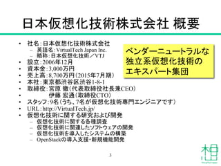 日本仮想化技術株式会社 概要
• 社名：日本仮想化技術株式会社
– 英語名：VirtualTech Japan Inc.
– 略称：日本仮想化技術／VTJ
• 設立：2006年12月
• 資本金：3,000万円
• 売上高：8,700万円（2015年7月期）
• 本社：東京都渋谷区渋谷1-8-1
• 取締役：宮原 徹（代表取締役社長兼CEO）
• 伊藤 宏通（取締役CTO）
• スタッフ：9名（うち、7名が仮想化技術専門エンジニアです）
• URL：http://VirtualTech.jp/
• 仮想化技術に関する研究および開発
– 仮想化技術に関する各種調査
– 仮想化技術に関連したソフトウェアの開発
– 仮想化技術を導入したシステムの構築
– OpenStackの導入支援・新規機能開発
ベンダーニュートラルな
独立系仮想化技術の
エキスパート集団
3
 