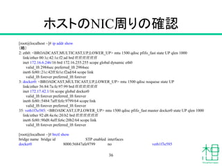 ホストのNIC周りの確認
[root@localhost ~]# ip addr show
（略）
2: eth0: <BROADCAST,MULTICAST,UP,LOWER_UP> mtu 1500 qdisc pfifo_fast state UP qlen 1000
link/ether 00:1c:42:1e:f2:ad brd ff:ff:ff:ff:ff:ff
inet 172.16.6.246/16 brd 172.16.255.255 scope global dynamic eth0
valid_lft 2984sec preferred_lft 2984sec
inet6 fe80::21c:42ff:fe1e:f2ad/64 scope link
valid_lft forever preferred_lft forever
3: docker0: <BROADCAST,MULTICAST,UP,LOWER_UP> mtu 1500 qdisc noqueue state UP
link/ether 56:84:7a:fe:97:99 brd ff:ff:ff:ff:ff:ff
inet 172.17.42.1/16 scope global docker0
valid_lft forever preferred_lft forever
inet6 fe80::5484:7aff:fefe:9799/64 scope link
valid_lft forever preferred_lft forever
35: veth1f3e585: <BROADCAST,UP,LOWER_UP> mtu 1500 qdisc pfifo_fast master docker0 state UP qlen 1000
link/ether 92:d8:4a:6c:20:b2 brd ff:ff:ff:ff:ff:ff
inet6 fe80::90d8:4aff:fe6c:20b2/64 scope link
valid_lft forever preferred_lft forever
[root@localhost ~]# brctl show
bridge name bridge id STP enabled interfaces
docker0 8000.56847afe9799 no veth1f3e585
36
 