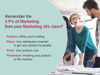 Remember the
4 P’s of Marketing
from your Marketing 101 class?
Product: What you’re selling
Place: Your distribution chann...