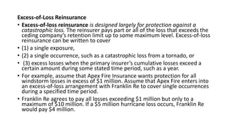 Excess-of-Loss Reinsurance
• Excess-of-loss reinsurance is designed largely for protection against a
catastrophic loss. The reinsurer pays part or all of the loss that exceeds the
ceding company’s retention limit up to some maximum level. Excess-of-loss
reinsurance can be written to cover
• (1) a single exposure,
• (2) a single occurrence, such as a catastrophic loss from a tornado, or
• (3) excess losses when the primary insurer’s cumulative losses exceed a
certain amount during some stated time period, such as a year.
• For example, assume that Apex Fire Insurance wants protection for all
windstorm losses in excess of $1 million. Assume that Apex Fire enters into
an excess-of-loss arrangement with Franklin Re to cover single occurrences
during a specified time period.
• Franklin Re agrees to pay all losses exceeding $1 million but only to a
maximum of $10 million. If a $5 million hurricane loss occurs, Franklin Re
would pay $4 million.
 