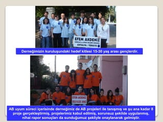 AB uyum süreci içerisinde derneğimiz de AB projeleri ile tanışmış ve şu ana kadar 8
proje gerçekleştirmiş, projelerimiz kabul edilmiş, sorunsuz şekilde uygulanmış,
nihai rapor sonuçları da sunduğumuz şekliyle onaylanarak gelmiştir.
Derneğimizin kuruluşundaki hedef kitlesi 15-30 yaş arası gençlerdir.
 