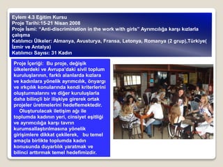 Proje İçeriği: Bu proje, değişik
ülkelerdeki ve Avrupa’daki sivil toplum
kuruluşlarının, farklı alanlarda kızlara
ve kadınlara yönelik ayrımcılık, önyargı
ve ırkçılık konularında kendi kriterlerini
oluşturmalarını ve diğer kuruluşlarla
daha bilinçli bir ilişkiye girerek ortak
projeler üretmelerini hedeflemektedir.
Oluşturulacak iletişim ağı ile
toplumda kadının yeri, cinsiyet eşitliği
ve ayrımcılığa karşı tavrın
kurumsallaştırılmasına yönelik
girişimlere dikkat çekilerek, bu temel
amaçla birlikte toplumda kadın
konusunda duyarlılık yaratmak ve
bilinci arttırmak temel hedefimizdir.
Eylem 4.3 Eğitim Kursu
Proje Tarihi:15-21 Nisan 2008
Proje İsmi: “Anti-discrimination in the work with girls” Ayrımcılığa karşı kızlarla
çalışma
Katılımcı Ülkeler: Almanya, Avusturya, Fransa, Letonya, Romanya (2 grup),Türkiye(
İzmir ve Antalya)
Katılımcı Sayısı: 31 Kadın
 