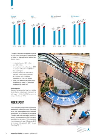 For the 2017 business year we are raising the
forecast in part due to the new at-equity stake
of 50% in the Saarpark-Center Neunkirchen.
We now expect:
•	 revenue of between €201 million
and €205 million
•	 earnings before interest and taxes (EBIT)
of between €175 million and €179 mil-
lion (unchanged)
•	 earnings before taxes (EBT) without
valuation gains / losses of between
€133 million and €136 million
(previously: €131 to €134 million)
•	 funds from operations (FFO) per share
between €2.38 and €2.42 (previously
­between €2.34 and €2.38).
Dividend policy
We intend to maintain our long-term, reliable
dividend policy and anticipate that we will be
able to pay a dividend of €1.40 per share to
our shareholders for 2016.
Risk report
There have been no significant changes since
the beginning of the financial year with regard
to the risks associated with future business
development. We currently do not believe the
Company faces any risks capable of jeopard-
ising its continued existence. The information
provided in the risk report of the consolidated
financial statements as at 31 December 2015
is therefore still applicable (2015 Annual
­Report, pg. 129 ff.).
2015 20172016
Goal
200 – 204
Result
202.9
Goal
201 – 205
Revenue
in € million
Goal
175 – 179
Result
176.3
Goal
175 – 179
2015 20172016
EBIT
in € million
Goal
127 – 130
Result
127.0
Goal
133 – 136
2015 20172016
EBT excl. valuation
in € million
2015 20172016
Goal
2.26 – 2.30
Result
2.29
Goal
2.38 – 2.42
FFO per share
in €
Saarpark-Center,
Neunkirchen,Germany
4	 Deutsche EuroShop AG  9M Quarterly Statement 2016
9M
 