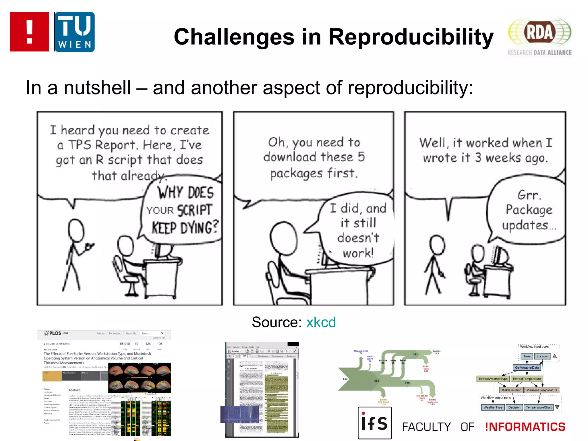 In a nutshell – and another aspect of reproducibility:
Challenges in Reproducibility
Source: xkcd
 