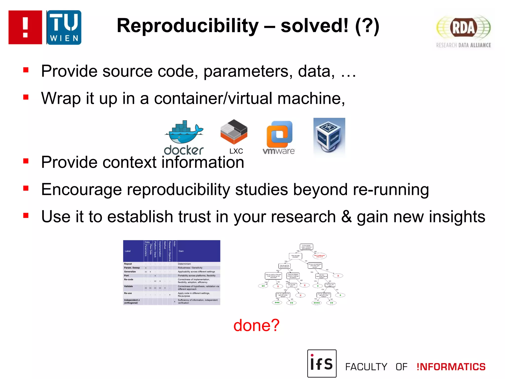 Reproducibility – solved! (?)
 Provide source code, parameters, data, …
 Wrap it up in a container/virtual machine,
 Provide context information
 Encourage reproducibility studies beyond re-running
 Use it to establish trust in your research & gain new insights
done?
LXC
 