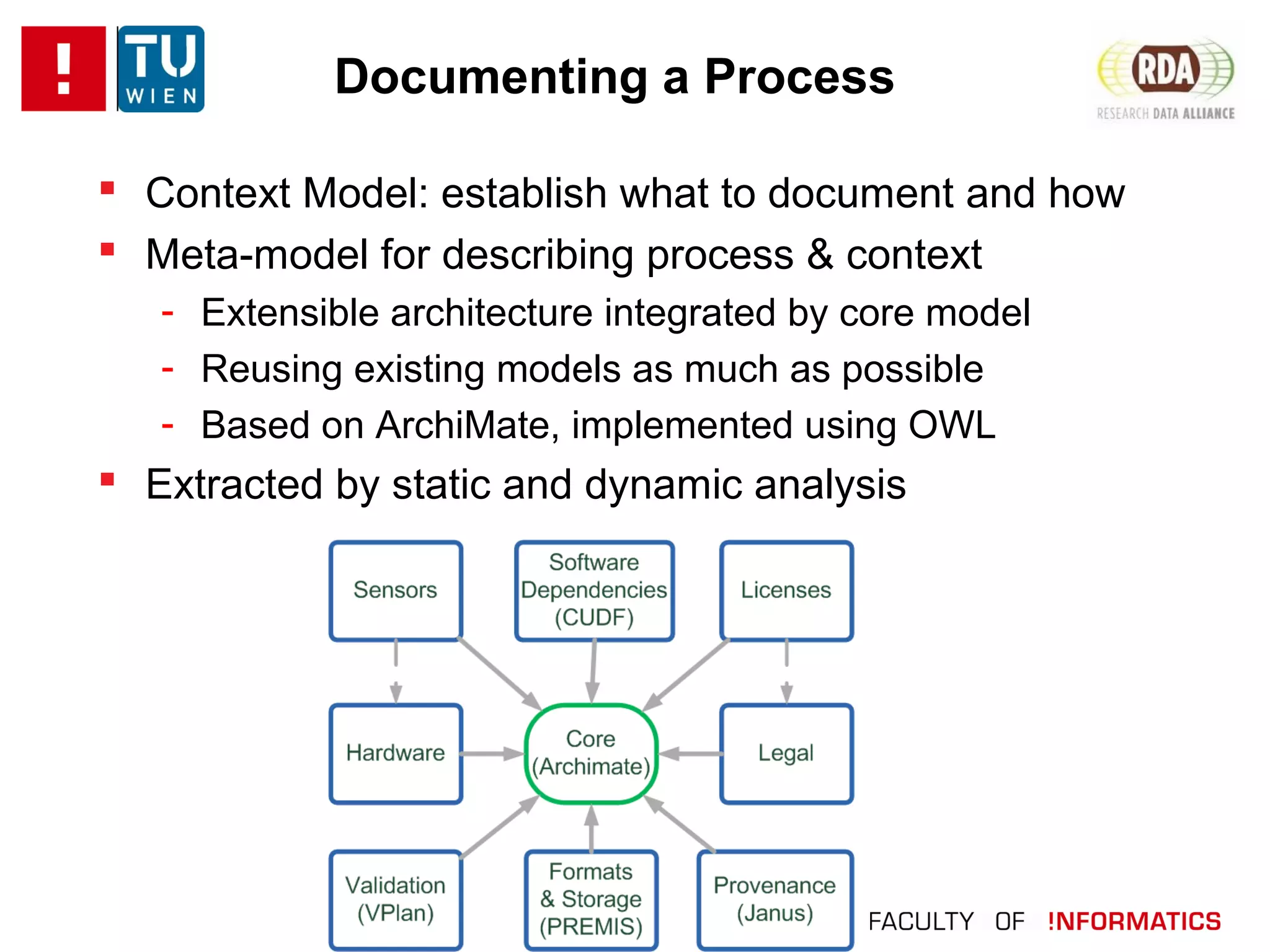 Documenting a Process
 Context Model: establish what to document and how
 Meta-model for describing process & context
- Extensible architecture integrated by core model
- Reusing existing models as much as possible
- Based on ArchiMate, implemented using OWL
 Extracted by static and dynamic analysis
 