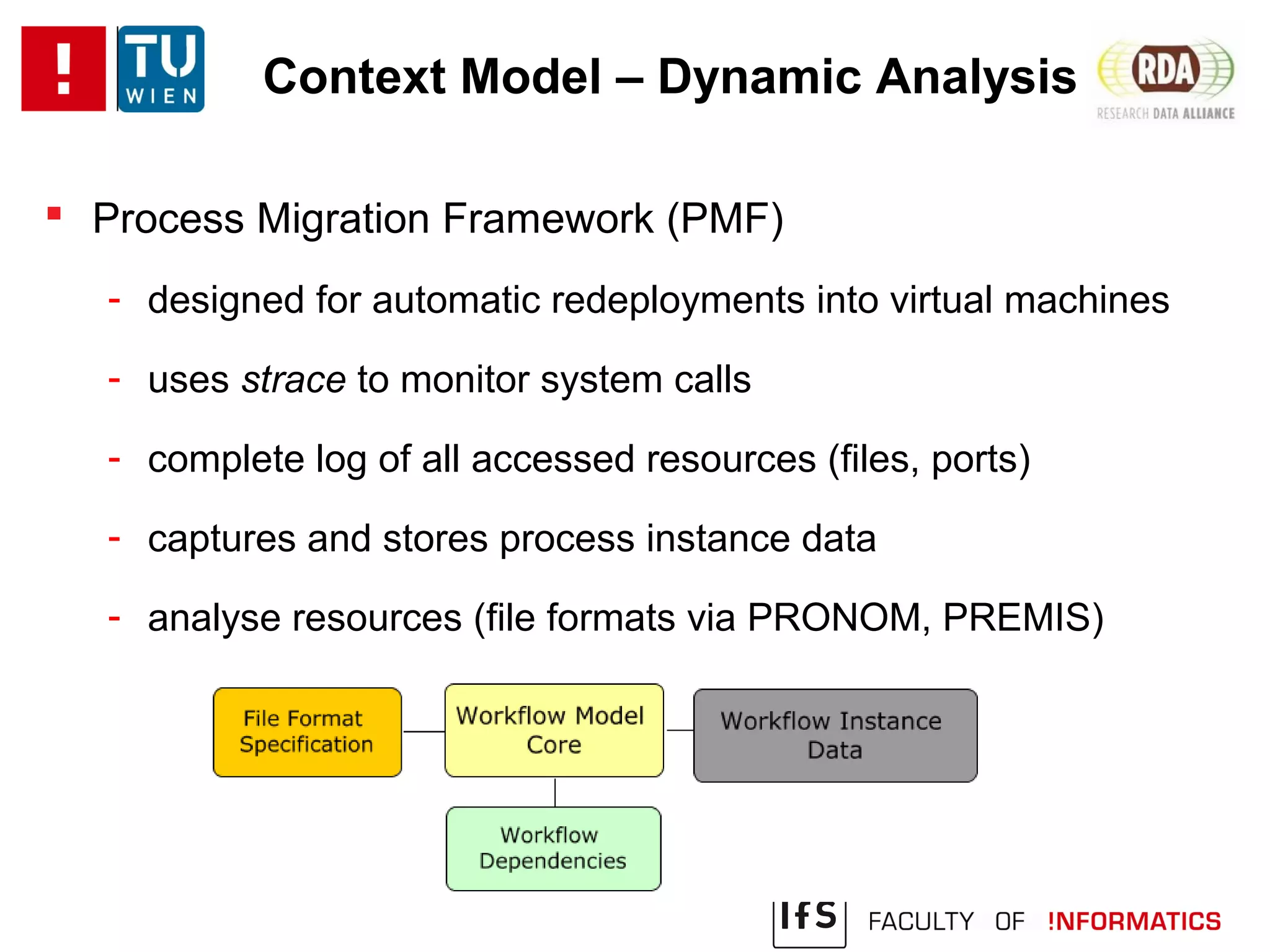 Context Model – Dynamic Analysis
 Process Migration Framework (PMF)
- designed for automatic redeployments into virtual machines
- uses strace to monitor system calls
- complete log of all accessed resources (files, ports)
- captures and stores process instance data
- analyse resources (file formats via PRONOM, PREMIS)
 