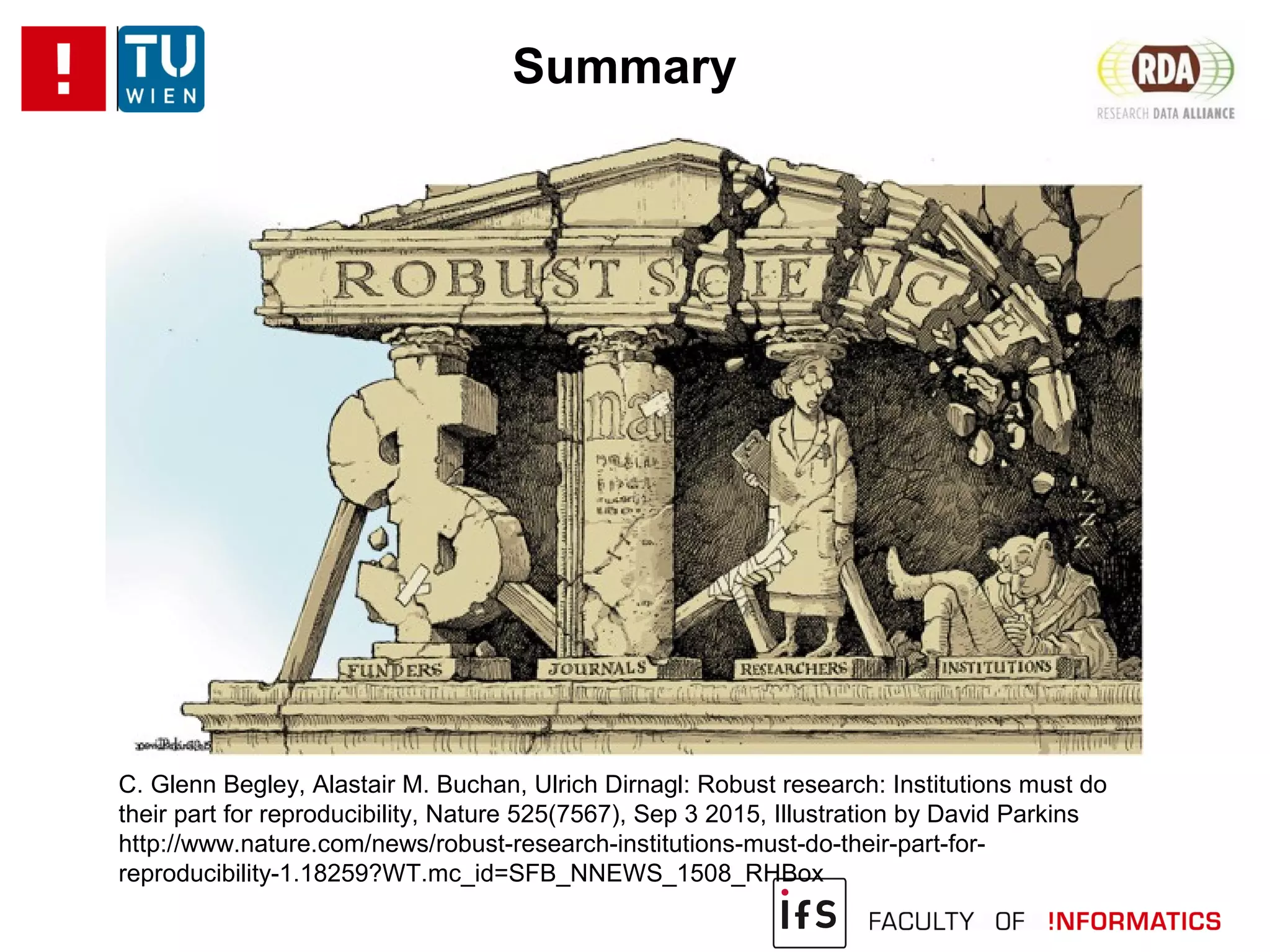 Summary
C. Glenn Begley, Alastair M. Buchan, Ulrich Dirnagl: Robust research: Institutions must do
their part for reproducibility, Nature 525(7567), Sep 3 2015, Illustration by David Parkins
http://www.nature.com/news/robust-research-institutions-must-do-their-part-for-
reproducibility-1.18259?WT.mc_id=SFB_NNEWS_1508_RHBox
 