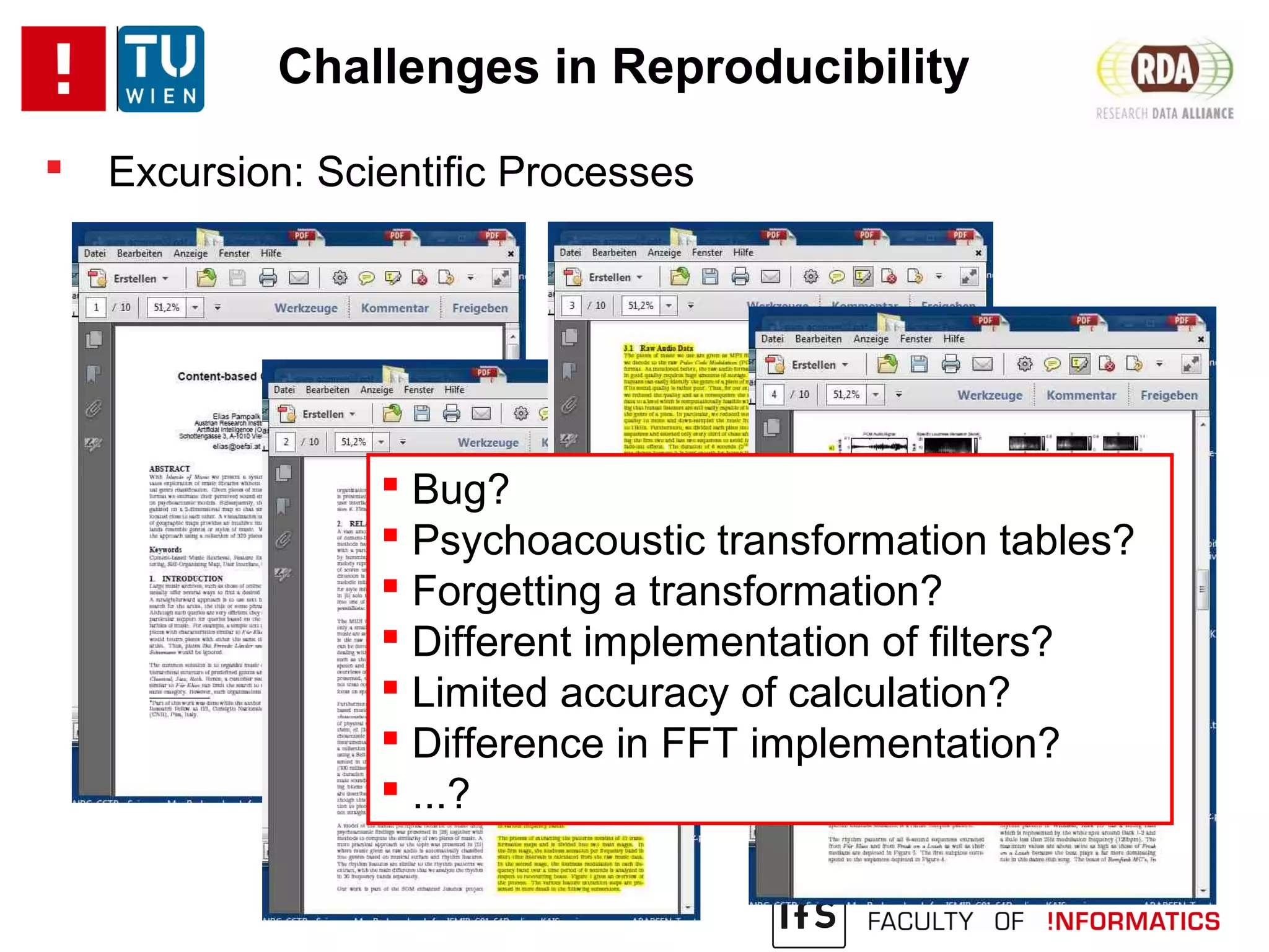 Challenges in Reproducibility
 Excursion: Scientific Processes
 Bug?
 Psychoacoustic transformation tables?
 Forgetting a transformation?
 Different implementation of filters?
 Limited accuracy of calculation?
 Difference in FFT implementation?
 ...?
 