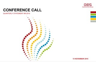 15 NOVEMBER 2016
CONFERENCE CALL
QUARTERLY STATEMENT 9M 2016
 