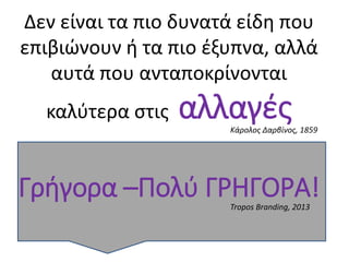 Δεν είναι τα πιο δυνατά είδη που
επιβιώνουν ή τα πιο έξυπνα, αλλά
αυτά που ανταποκρίνονται
καλύτερα στις αλλαγές
Γρήγορα –Πολύ ΓΡΗΓΟΡΑ!
Κάρολος Δαρβίνος, 1859
Tropos Branding, 2013
 