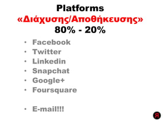 Platforms
«Διάχυσης/Αποθήκευσης»
80% - 20%
• Facebook
• Twitter
• Linkedin
• Snapchat
• Google+
• Foursquare
• E-mail!!!
 