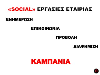 «SOCIAL» ΕΡΓΑΣΙΕΣ ΕΤΑΙΡΙΑΣ
ΕΝΗΜΕΡΩΣΗ
ΕΠΙΚΟΙΝΩΝΙΑ
ΠΡΟΒΟΛΗ
ΔΙΑΦΗΜΙΣΗ
ΚΑΜΠΑΝΙΑ
 