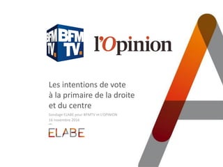 Les intentions de vote
à la primaire de la droite
et du centre
Sondage ELABE pour BFMTV et L’OPINION
16 novembre 2016
 