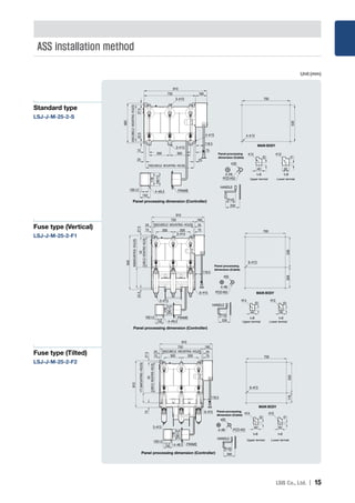 Ｉ 15
PCDø52
100±2
Panel processing dimension (Controller)
Upper termial Lower termial
Panel processing
dimension (Cable)
700(CUBICLE MOUNTING HOLES)
910
700
MAIN BODY
580
530(CUBICLEMOUNTINGHOLES)
27.5
530
20
15
22.5
178
190±2
750 160
75
FRAME
300 300
25
150
118.5
75
40
200
R143
HANDLE
50
25
3-ø10
4-ø15
4-ø8
ø35
ø14 ø13
4-ø13
3-ø13
4-ø6.5
t=8 t=8
4-ø8
PCDø52
ø35
20
20
ø13ø14
6-ø13
3-ø14
75
118.5
40 35
MAIN BODY
25
75
25
FRAME
200
R143
HANDLE
4-ø6.5
3-ø13
6-ø15
100±2
190±2
178
700(CUBICLE MOUNTING HOLES)
530
(CUBICLEMOUNTINGHOLES)
358(MOUNTINGHOLES)
150
910
700
940
27.5
530358
24.5
300 300
750 160
t=8 t=6
Panel processing dimension (Controller)
Upper termial Lower termial
Panel processing
dimension (Cable)
4-ø6.5 FRAME
100±2
25
75
25
75
4-ø8 PCDø52
ø35
6-ø15
3-ø13
6-ø13
ø14 ø13
MAIN BODY
HANDLE
700(CUBICLE MOUNTING HOLES)
530
(CUBICLEMOUNTINGHOLES)
177.5(MOUNTINGHOLES)
200
150
R143
t=8
40
700
118.5
910
750
300 300
160
20
15
530
27.575
810
178
35
t=6
190±2
178
Panel processing dimension (Controller)
Upper termial Lower termial
Panel processing
dimension (Cable)
Unit:(mm)
Standard type
LSJ-J-M-25-2-S
Fuse type (Vertical)
LSJ-J-M-25-2-F1
Fuse type (Tilted)
LSJ-J-M-25-2-F2
ASS installation method
 