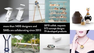 (da novembre 2013)
3870 collab. requests
572 concept designs
79 developed products
more than 1400 designers and
SMEs are collaborating since 2013
 