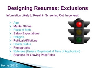 Information Likely to Result in Screening Out. In general:
 Age
 Marital Status
 Place of Birth
 Salary Expectations
 Religion
 Political Affiliations
 Health Status
 Photographs
 Referees (Unless Requested at Time of Application)
 Reasons for Leaving Past Roles
Horne (2016)
 