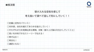 ■解決策
Speee,inc. confidential
受け入れる空気を感じて
考え抜いて調べて話して形にしていく！！
□定量と定性のバランス！
□内外部、会社を越えてあらゆる協力していく！
□それぞれが力を発揮出来る環境、状態（個々人の強みを生かしていくこと）
□思いを共有できるストーリーで伝える！
□巻き込む！
□明文化！
□通訳になる！
 