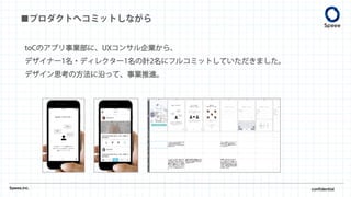 toCのアプリ事業部に、UXコンサル企業から、
デザイナー1名・ディレクター1名の計2名にフルコミットしていただきました。
デザイン思考の方法に沿って、事業推進。
Speee,inc. confidential
■プロダクトへコミットしながら
 
