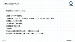 株式会社Speee (Speee, Inc.)
□設立：2007年11月29日
□事業内容：デジタルコンサルティング事業、インターネットメディア事業
□資本金：13,015,000円
□代表取締役：大塚 英樹
□従業員数：約500名
□所在地：
〒106-0032東京都港区六本木4-1-4黒崎ビル3.4.5階
〒106-0032東京都港区六本木2-4-5六本木Dスクエア1.2階
■Speeeについて
Speee,inc. confidential
 