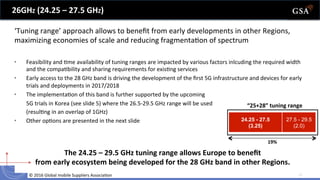 ©	
  2016	
  Global	
  mobile	
  Suppliers	
  Associa6on	
  	
   12	
  
•  Feasibility	
  and	
  6me	
  availability	
  of	
  tuning	
  ranges	
  are	
  impacted	
  by	
  various	
  factors	
  inlcuding	
  the	
  required	
  width	
  
and	
  the	
  compa6bility	
  and	
  sharing	
  requirements	
  for	
  exis6ng	
  services	
  
•  Early	
  access	
  to	
  the	
  28	
  GHz	
  band	
  is	
  driving	
  the	
  development	
  of	
  the	
  ﬁrst	
  5G	
  infrastructure	
  and	
  devices	
  for	
  early	
  
trials	
  and	
  deployments	
  in	
  2017/2018	
  
•  The	
  implementa6on	
  of	
  this	
  band	
  is	
  further	
  supported	
  by	
  the	
  upcoming	
  
	
  5G	
  trials	
  in	
  Korea	
  (see	
  slide	
  5)	
  where	
  the	
  26.5-­‐29.5	
  GHz	
  range	
  will	
  be	
  used	
  
	
  (resul6ng	
  in	
  an	
  overlap	
  of	
  1GHz)	
  
•  Other	
  op6ons	
  are	
  presented	
  in	
  the	
  next	
  slide	
  
‘Tuning	
  range’	
  approach	
  allows	
  to	
  beneﬁt	
  from	
  early	
  developments	
  in	
  other	
  Regions,	
  
maximizing	
  economies	
  of	
  scale	
  and	
  reducing	
  fragmenta6on	
  of	
  spectrum	
  
26GHZ	
  (24.25	
  –	
  27.5	
  GHZ)	
  
The	
  24.25	
  –	
  29.5	
  GHz	
  tuning	
  range	
  allows	
  Europe	
  to	
  beneﬁt	
  	
  
from	
  early	
  ecosystem	
  being	
  developed	
  for	
  the	
  28	
  GHz	
  band	
  in	
  other	
  Regions.	
  
24.25 - 27.5
(3.25)
27.5 - 29.5
(2.0)
“25+28”	
  tuning	
  range
19%
 
