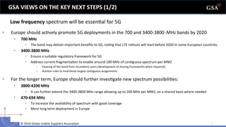 ©	
  2016	
  Global	
  mobile	
  Suppliers	
  Associa6on	
  	
   15	
  
•  Europe	
  should	
  ac6vely	
  promote	
  5G	
  deployments	
  in	
  the	
  700	
  and	
  3400-­‐3800	
  	
  MHz	
  bands	
  by	
  2020	
  
•  700	
  MHz	
  
•  The	
  band	
  may	
  deliver	
  important	
  beneﬁts	
  to	
  5G,	
  no6ng	
  that	
  LTE	
  rollouts	
  will	
  start	
  before	
  2020	
  in	
  some	
  European	
  countries	
  
•  3400-­‐3800	
  MHz	
  	
  
•  Ensure	
  a	
  suitable	
  regulatory	
  framework	
  for	
  5G	
  
•  Address	
  current	
  fragmenta6on	
  to	
  enable	
  around	
  100	
  MHz	
  of	
  con6guous	
  spectrum	
  per	
  MNO	
  
•  Clearing	
  of	
  the	
  band	
  from	
  incumbent	
  users	
  (development	
  of	
  sharing	
  frameworks	
  when	
  required)	
  
•  Auc6on	
  rules	
  to	
  incen6vize	
  largest	
  con6guous	
  assignments	
  
•  For	
  the	
  longer	
  term,	
  Europe	
  should	
  further	
  inves6gate	
  new	
  spectrum	
  possibili6es:	
  
•  3800-­‐4200	
  MHz	
  
•  It	
  can	
  further	
  extend	
  the	
  3400-­‐3800	
  MHz	
  range	
  allowing	
  up	
  to	
  200	
  MHz	
  per	
  MNO,	
  on	
  a	
  shared	
  basis	
  where	
  needed	
  
•  470-­‐694	
  MHz	
  
•  To	
  increase	
  the	
  availability	
  of	
  spectrum	
  with	
  good	
  coverage	
  
•  More	
  long	
  term	
  deployment	
  in	
  Europe	
  
GSA	
  VIEWS	
  ON	
  THE	
  KEY	
  NEXT	
  STEPS	
  (1/2)	
  
Low	
  frequency	
  spectrum	
  will	
  be	
  essen6al	
  for	
  5G	
  
	
  
 