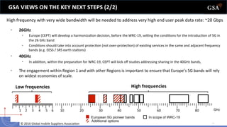 ©	
  2016	
  Global	
  mobile	
  Suppliers	
  Associa6on	
  	
   16	
  
•  26GHz	
  
•  Europe	
  (CEPT)	
  will	
  develop	
  a	
  harmoniza6on	
  decision,	
  before	
  the	
  WRC-­‐19,	
  setng	
  the	
  condi6ons	
  for	
  the	
  introduc6on	
  of	
  5G	
  in	
  
the	
  26	
  GHz	
  band	
  
•  Condi6ons	
  should	
  take	
  into	
  account	
  protec6on	
  (not	
  over-­‐protec6on)	
  of	
  exis6ng	
  services	
  in	
  the	
  same	
  and	
  adjacent	
  frequency	
  
bands	
  (e.g.	
  EESS	
  /	
  SRS	
  earth	
  sta6ons)	
  
•  40GHz	
  
•  In	
  addi6on,	
  within	
  the	
  prepara6on	
  for	
  WRC-­‐19,	
  CEPT	
  will	
  kick	
  oﬀ	
  studies	
  addressing	
  sharing	
  in	
  the	
  40GHz	
  bands,	
  
•  The	
  engagement	
  within	
  Region	
  1	
  and	
  with	
  other	
  Regions	
  is	
  important	
  to	
  ensure	
  that	
  Europe’s	
  5G	
  bands	
  will	
  rely	
  
on	
  widest	
  economies	
  of	
  scale.	
  
GSA	
  VIEWS	
  ON	
  THE	
  KEY	
  NEXT	
  STEPS	
  (2/2)	
  
High	
  frequency	
  with	
  very	
  wide	
  bandwidth	
  will	
  be	
  needed	
  to	
  address	
  very	
  high	
  end	
  user	
  peak	
  data	
  rate:	
  ~20	
  Gbps	
  
10	
   50	
  40	
  30	
  20	
   60	
   80	
  70	
  1	
   5	
  4	
  2	
   6	
  3	
  
Low	
  frequencies	
  
GHz	
  
High	
  frequencies	
  
In scope of WRC-19
Additional options
European 5G pioneer bands
 