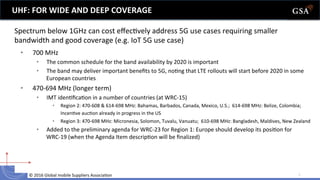 ©	
  2016	
  Global	
  mobile	
  Suppliers	
  Associa6on	
  	
   8	
  
	
  
•  700	
  MHz	
  
•  The	
  common	
  schedule	
  for	
  the	
  band	
  availability	
  by	
  2020	
  is	
  important	
  
•  The	
  band	
  may	
  deliver	
  important	
  beneﬁts	
  to	
  5G,	
  no6ng	
  that	
  LTE	
  rollouts	
  will	
  start	
  before	
  2020	
  in	
  some	
  
European	
  countries	
  
•  470-­‐694	
  MHz	
  (longer	
  term)	
  
•  IMT	
  iden6ﬁca6on	
  in	
  a	
  number	
  of	
  countries	
  (at	
  WRC-­‐15)	
  
•  Region	
  2:	
  470-­‐608	
  &	
  614-­‐698	
  MHz:	
  Bahamas,	
  Barbados,	
  Canada,	
  Mexico,	
  U.S.;	
  	
  614-­‐698	
  MHz:	
  Belize,	
  Colombia;	
  	
  
	
  Incen6ve	
  auc6on	
  already	
  in	
  progress	
  in	
  the	
  US	
  
•  Region	
  3:	
  470-­‐698	
  MHz:	
  Micronesia,	
  Solomon,	
  Tuvalu,	
  Vanuatu;	
  	
  610-­‐698	
  MHz:	
  Bangladesh,	
  Maldives,	
  New	
  Zealand	
  
•  Added	
  to	
  the	
  preliminary	
  agenda	
  for	
  WRC-­‐23	
  for	
  Region	
  1:	
  Europe	
  should	
  develop	
  its	
  posi6on	
  for	
  
WRC-­‐19	
  (when	
  the	
  Agenda	
  Item	
  descrip6on	
  will	
  be	
  ﬁnalized)	
  
UHF:	
  FOR	
  WIDE	
  AND	
  DEEP	
  COVERAGE	
  
Spectrum	
  below	
  1GHz	
  can	
  cost	
  eﬀec6vely	
  address	
  5G	
  use	
  cases	
  requiring	
  smaller	
  
bandwidth	
  and	
  good	
  coverage	
  (e.g.	
  IoT	
  5G	
  use	
  case)	
  
	
  
	
  
	
  
 
