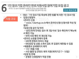 13
533 캠퍼스
#533 비즈니스 모델
#533 사업계획서
#533 창업론
533 캠퍼스 이승원
61인창조기업온라인판로지원사업참여기업모집공고
우수한 1인 창조기업제품의 마케팅 및 온라인 판로지원을 위한
온라인쇼핑몰 입점 참여기업 모집
지원 규모
• 대상 : ‘1인 창조기업 육성에 관한 법률’에 의한 1인 창조기업
• 입점신청절차
*온라인 신청
- www.1startup.co.kr에서 온라인신청(신청서류 작성 및
첨부)
*입점신청 승인 및 반려
- 승인/반려 안내는 접수 후 3일 이내 '접수 확인하기'메뉴에
서 확인 가능
- 반려 사유 확인 후 재신청 가능
*온라인 쇼핑몰 판매자 등록
- G마켓 판매자 아이디 개설
- MD상담 및 상품 소개서 검토 후 입점이 제한될 수 있음
*제품홍보 상세페이지 제작
- 1사 1제품 지원
- 사진 촬영 및 콘텐츠 제작 지원(제작기간 7~ 10일)
*입점 및 판매
- 운영은 신청업체가 직접 진행
판로·해외진출
 