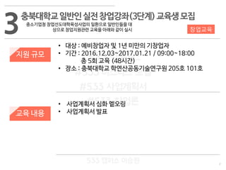 7
533 캠퍼스
#533 비즈니스 모델
#533 사업계획서
#533 창업론
533 캠퍼스 이승원
3충북대학교일반인실전창업강좌(3단계)교육생모집
중소기업청 창업선도대학육성사업의 일환으로 일반인들을 대
상으로 창업지원관련 교육을 아래와 같이 실시
지원 규모
교육 내용
• 대상 : 예비창업자 및 1년 미만의 기창업자
• 기간 : 2016.12.03~2017.01.21 / 09:00~18:00
총 5회 교육 (48시간)
• 장소 : 충북대학교 학연산공동기술연구원 205호 101호
• 사업계획서 심화 멭오링
• 사업계획서 발표
창업교육
 