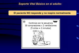 El paciente NO responde y no respira normalmente
Soporte Vital Básico en el adulto:
 