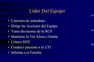 Líder Del Equipo
• Concurre de inmediato
• Dirige las Acciones del Equipo
• Toma decisiones de la RCP
• Mantiene la Vía Aérea e Intuba
• Coloca MTC
• Conduce paciente a la UTI
• Informa a la Familia
 