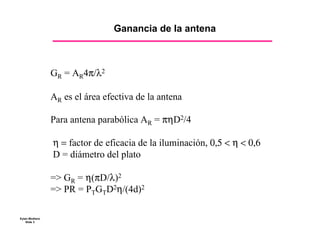 Ganancia de la antena



                GR = AR4π/λ2

                AR es el área efectiva de la antena

                Para antena parabólica AR = πηD2/4

                η = factor de eficacia de la iluminación, 0,5 < η < 0,6
                D = diámetro del plato

                => GR = η(πD/λ)2
                => PR = PTGTD2η/(4d)2

Eytan Modiano
    Slide 3
 