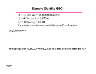 Ejemplo (Satélite GEO)


                d = 36.000 km = 36.000.000 metros
                fc = 4 Ghz => λ = 0,075m
                PT = 100w, GT = 18 dB
                La antena receptora es parabólica con D = 3 metros
       A) ¿Que es PR?




       B) Suponga que (Eb/N0)req = 10 dB, ¿cuál es la tasa de datos obtenible Rb?




Eytan Modiano
    Slide 5
 