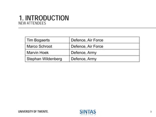 1. INTRODUCTION
NEW ATTENDEES
Tim Bogaerts Defence, Air Force
Marco Schroot Defence, Air Force
Marvin Hoek Defence, Army
Stephan Wildenberg Defence, Army
3
 