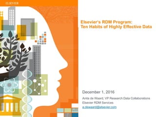 | 1
Anita de Waard, VP Research Data Collaborations
Elsevier RDM Services
a.dewaard@elsevier.com
December 1, 2016
Elsevier‘s RDM Program:
Ten Habits of Highly Effective Data
 