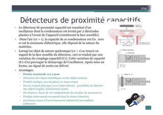 Dét t d i ité itif
104
Détecteurs de proximité capacitifs
• Le détecteur de proximité capacitif est constitué d'un
oscillateur dont le condensateur est formé par 2 électrodes
oscillateur dont le condensateur est formé par 2 électrodes
placées à l'avant de l'appareil (constituant la face sensible).
• Dans l'air (єr = 1), la capacité de ce condensateur est C0. avec
єr est la constante diélectrique, elle dépend de la nature du
q , p
matériau.
• Lorsqu'un objet de nature quelconque (єr > 1) se trouve en
regard de la face sensible du détecteur, ceci se traduit par une
i ti d l itif (C ) C tt i ti d ité
variation du couplage capacitif (C1). Cette variation de capacité
(C1>C0) provoque le démarrage de l’oscillateur. Après mise en
forme, un signal de sortie est délivré.
• Avantages:
• Avantages:
▫ Portée nominale 2 à 5 mm
▫ Détection des objets métalliques et des objets isolants
▫ Produit statique, pas de pièces en mouvement
▫ Pas de contact physique avec l'objet détecté : possibilité de détecter
des objets fragiles, fraîchement peints
▫ Pas d'usure, durée de vie indépendante du nombre de manœuvres
▫ Produit entièrement encapsulé dans la résine (étanche)
▫ Produit entièrement encapsulé dans la résine (étanche)
▫ très bonne tenue à l'environnement industriel (atmosphère
polluante)
 
