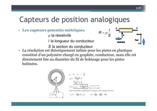 C t d iti l i
108
Capteurs de position analogiques
• Les capteurs potentio-métriques l
• Les capteurs potentio-métriques
 
l
R
S
 la résistivité
la longueur du conducteur
l
• La résolution est théoriquement infinie pour les pistes en plastique
constitué d’un polymère chargé en graphite conducteur mais elle est
g
la section du conducteur
S
constitué d un polymère chargé en graphite, conducteur, mais elle est
directement liée au diamètre du fil de bobinage pour les pistes
bobinées.
 