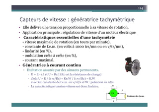 C t d it é é t i t h ét i
114
Capteurs de vitesse : génératrice tachymétrique
• Elle délivre une tension proportionnelle à sa vitesse de rotation.
• Application principale : régulation de vitesse d'un moteur électrique
• Caractéristiques essentielles d'une tachymétrie
- vitesse maximale de rotation (en tours par minute),
esse a a e de o a o (e ou s pa u e),
- constante de f.e.m. (en volts à 1000 trs/mn ou en v/tr/mn),
- linéarité (en %),
- ondulation crête à crête (en %)
ondulation crête à crête (en %),
- courant maximal.
• Génératrice à courant continu
i i é d i
▫ Excitation assurée par des aimants permanents.
 U = E - r.I et U = Rc.I (Rc est la résistance de charge)
 d'où: U = E / (1+r/Rc) = Ke.W / (1+r/Rc) = K.W
K t t d f / d/ t W l ti d/
avec Ke: constante de f.e.m. en v/rd/s et W : pulsation en rd/s
 La caractéristique tension-vitesse est donc linéaire.
 