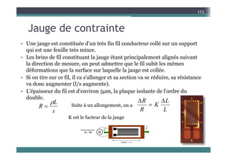 J d t i t
115
Jauge de contrainte
• Une jauge est constituée d’un très fin fil conducteur collé sur un support
• Une jauge est constituée d un très fin fil conducteur collé sur un support
qui est une feuille très mince.
• Les brins de fil constituant la jauge étant principalement alignés suivant
l di i d d l fil bi l ê
la direction de mesure, on peut admettre que le fil subit les mêmes
déformations que la surface sur laquelle la jauge est collée.
• Si on tire sur ce fil, il va s'allonger et sa section va se réduire, sa résistance
, g ,
va donc augmenter (l/s augmente).
• L'épaisseur du fil est d'environ 5µm, la plaque isolante de l'ordre du
double
double.
s
L
R


L
L
K
R
R 


Suite à un allongement, on a
K t l f t d l j
K est le facteur de la jauge
 