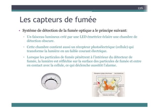 L t d f é
126
Les capteurs de fumée
• Système de détection de la fumée optique a le principe suivant:
• Système de détection de la fumée optique a le principe suivant:
▫ Un faisceau lumineux créé par une LED émettrice éclaire une chambre de
détection obscure.
▫ Cette chambre contient aussi un récepteur photoélectrique (cellule) qui
transforme la lumière en un faible courant électrique.
L l i l d f é é è à l’i é i d dé d
▫ Lorsque les particules de fumée pénètrent à l’intérieur du détecteur de
fumée, la lumière est réfléchie sur la surface des particules de fumée et entre
en contact avec la cellule, ce qui déclenche aussitôt l’alarme.
 
