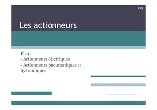 129
Les actionneurs
Plan :
- Actionneurs électriques
- Actionneurs pneumatiques et
hydrauliques
 