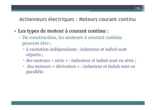A ti él t i M t t ti
139
Actionneurs électriques : Moteurs courant continu
Les t es de ote à co a t co ti
• Les types de moteur à courant continu :
▫ De construction, les moteurs à courant continu
peuvent être :
peuvent être :
 à excitation indépendante : inducteur et induit sont
séparés ;
séparés ;
 des moteurs « série » : inducteur et induit sont en série ;
 des moteurs « dérivation » : inducteur et induit sont en
des moteurs « dérivation » : inducteur et induit sont en
parallèle.
 