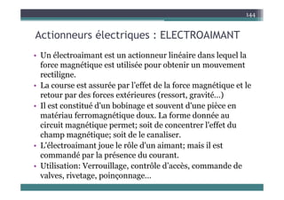 A ti él t i ELECTROAIMANT
144
Actionneurs électriques : ELECTROAIMANT
• Un électroaimant est un actionneur linéaire dans lequel la
• Un électroaimant est un actionneur linéaire dans lequel la
force magnétique est utilisée pour obtenir un mouvement
rectiligne.
rectiligne.
• La course est assurée par l’effet de la force magnétique et le
retour par des forces extérieures (ressort, gravité…)
• Il est constitué d'un bobinage et souvent d'une pièce en
matériau ferromagnétique doux. La forme donnée au
i it éti t it d t l' ff t d
circuit magnétique permet; soit de concentrer l'effet du
champ magnétique; soit de le canaliser.
• L'électroaimant joue le rôle d'un aimant; mais il est
• L électroaimant joue le rôle d un aimant; mais il est
commandé par la présence du courant.
• Utilisation: Verrouillage, contrôle d’accès, commande de
Utilisation: Verrouillage, contrôle d accès, commande de
valves, rivetage, poinçonnage…
 