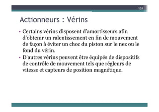 A ti Vé i
151
Actionneurs : Vérins
Ce tai s é i s dis ose t d’a o tisse s afi
• Certains vérins disposent d’amortisseurs afin
d’obtenir un ralentissement en fin de mouvement
de façon à é iter un choc du piston sur le ne ou le
de façon à éviter un choc du piston sur le nez ou le
fond du vérin.
D' t é i t êt é i é d di itif
• D'autres vérins peuvent être équipés de dispositifs
de contrôle de mouvement tels que régleurs de
it t t d iti éti
vitesse et capteurs de position magnétique.
 