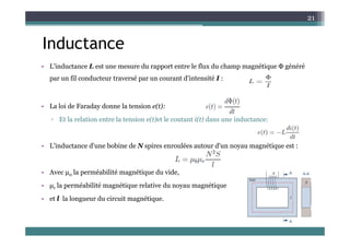 I d t
21
Inductance
• L'inductance L est une mesure du rapport entre le flux du champ magnétique Φ généré
• L inductance L est une mesure du rapport entre le flux du champ magnétique Φ généré
par un fil conducteur traversé par un courant d'intensité I :
• La loi de Faraday donne la tension e(t):
▫ Et la relation entre la tension e(t)et le coutant i(t) dans une inductance:
• L'inductance d'une bobine de N spires enroulées autour d'un noyau magnétique est :
• Avec μ0 la perméabilité magnétique du vide,
• μr la perméabilité magnétique relative du noyau magnétique
• et l la longueur du circuit magnétique.
 